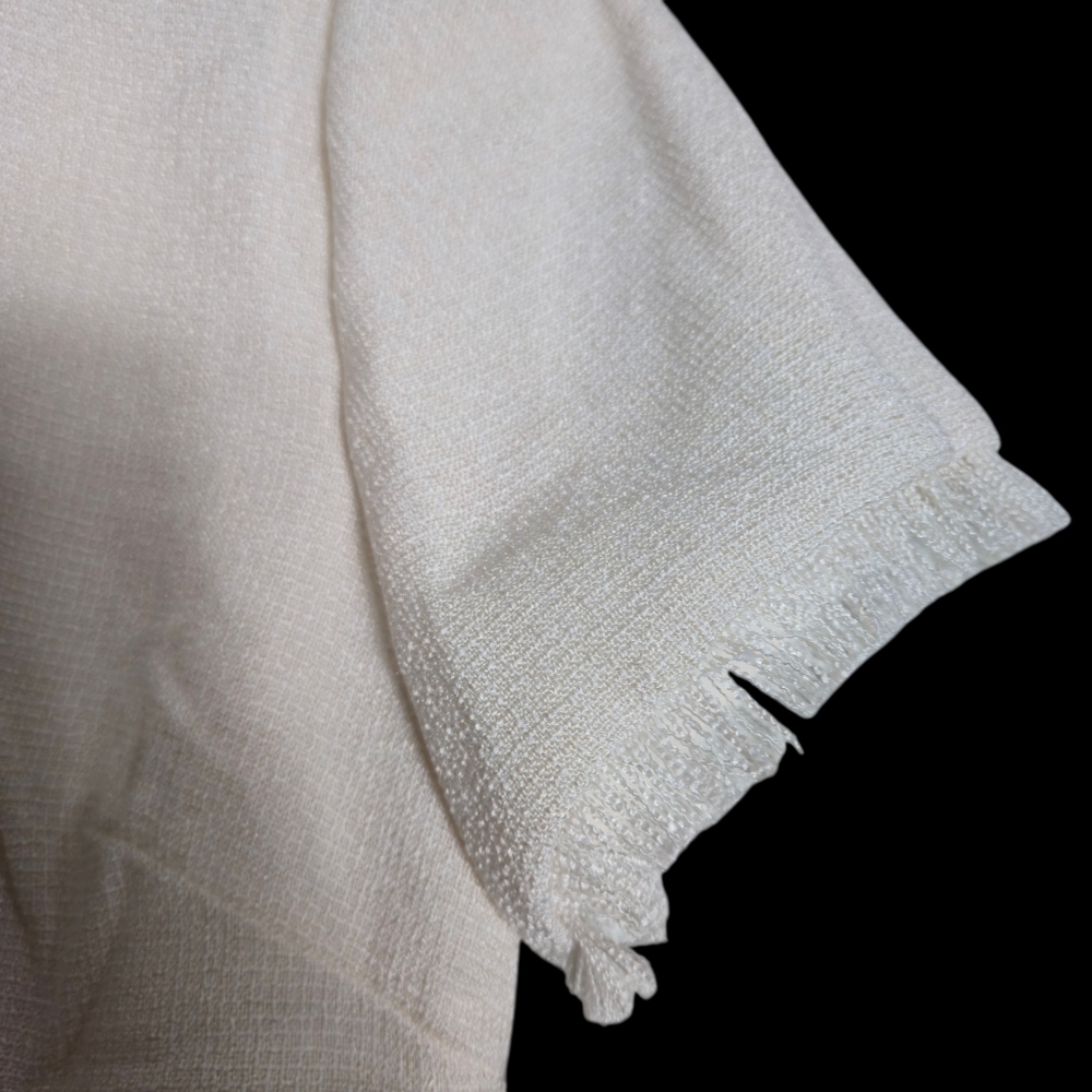 Tahari Vanilla Belted Textured Sheath Dress Off White Cream Fringe Short Sleeve - Picture 12 of 14